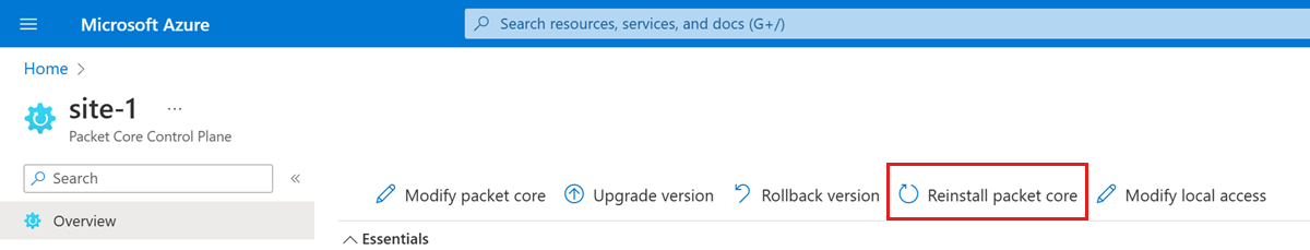 Screenshot of the Azure portal showing the Reinstall packet core option.