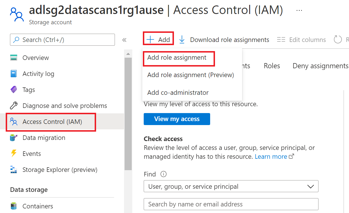 Screenshot shows how to access Access Control in Azure Portal to add a role assignment