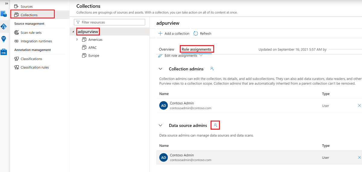 Screenshot shows how to assign Data Source Admin at root collection level