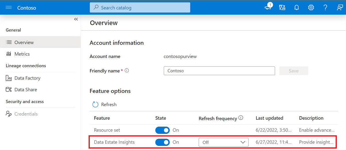 Screenshot of the Overview window in the Management section of the Microsoft Purview governance portal. Under feature options, the data estate insights option is highlighted.