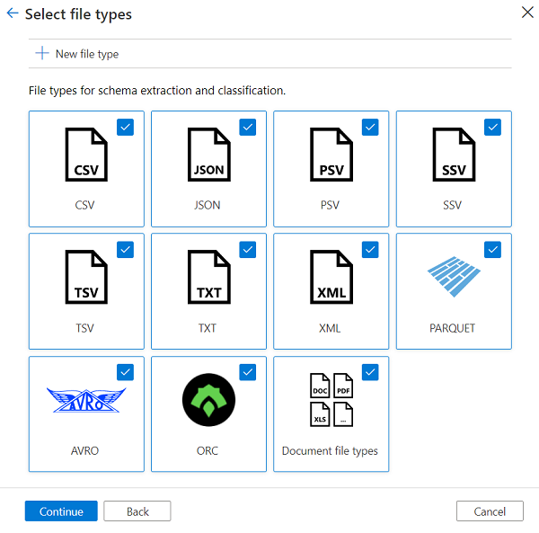 Screenshot showing the Select file types page.