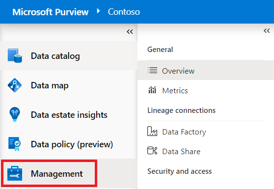 Screenshot of the Microsoft Purview governance portal left menu, with the Management section highlighted and overview shown selected in the next menu.