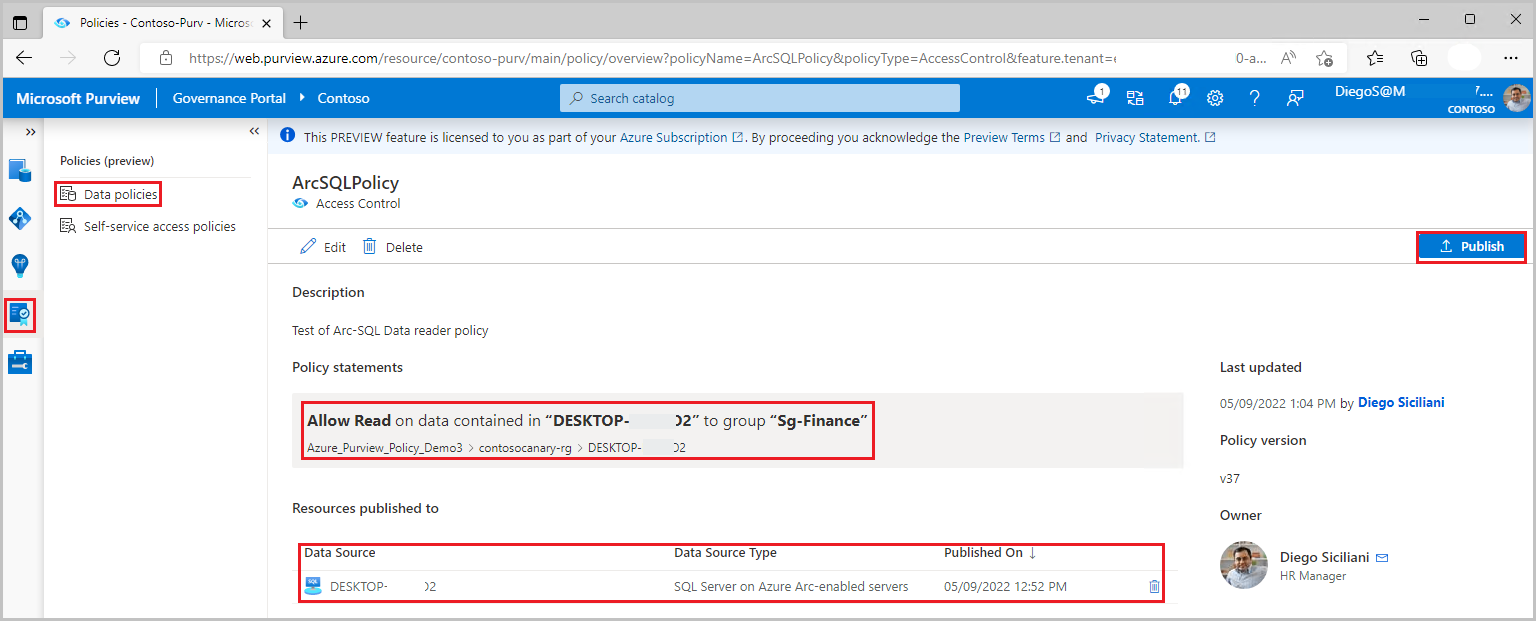 Screenshot shows a sample data owner policy giving Data Reader access to an Azure SQL Database.