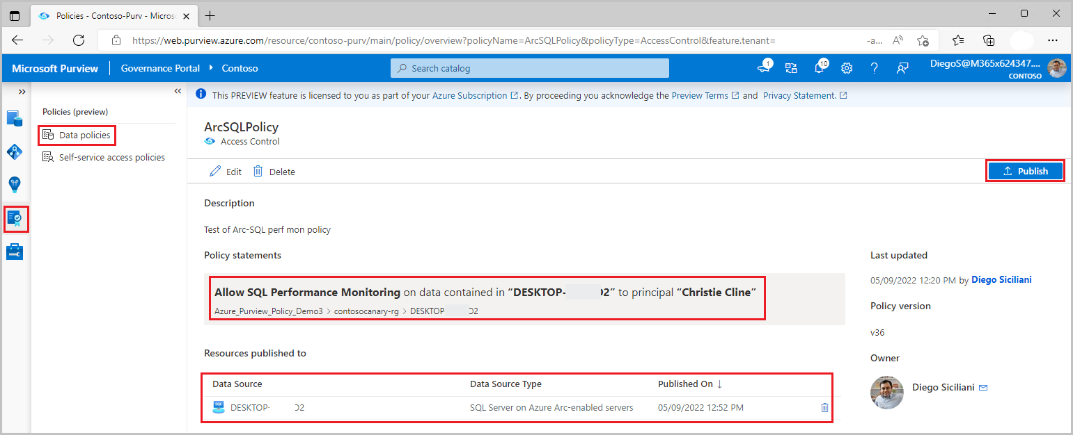 Screenshot shows a sample data owner policy giving SQL Performance Monitor access to an Azure SQL Database.
