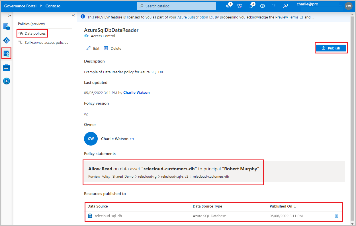 Screenshot shows a sample data owner policy giving Data Reader access to an Azure SQL Database.