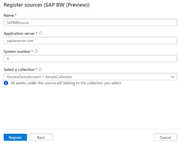 Screenshot of registering an SAP BW source.