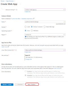 A screenshot showing how to fill out the basic deployment information about a web app in the Azure portal.