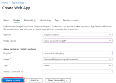 A screenshot showing how to fill out the Docker deployment information about a web app in the Azure portal.