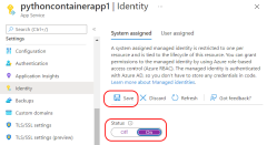 A screenshot showing how to enable managed identity for an App Service in Azure portal.