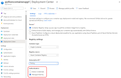 A screenshot showing how to enable managed identity and container deployment for an App Service in Azure portal.