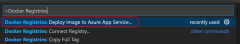 A screenshot showing how to find the deploy Docker image to App Service task in Visual Studio Code.