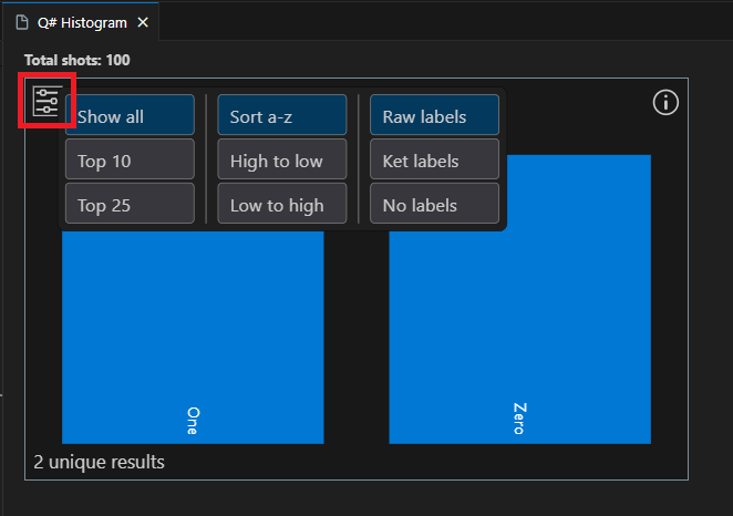 Screenshot the Q# histogram window in Visual Studio Code showing how to display settings.