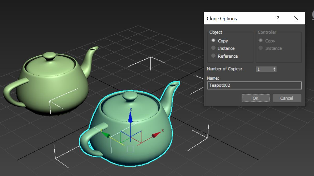 Screenshot that shows an example of cloning an object by using Autodesk 3ds Max.