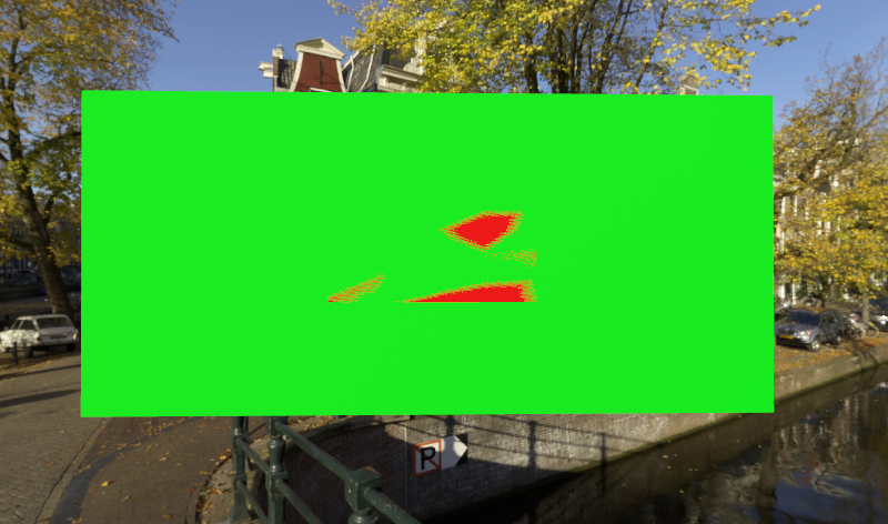 Screenshot shows no deterministic precedence between red and green quads.