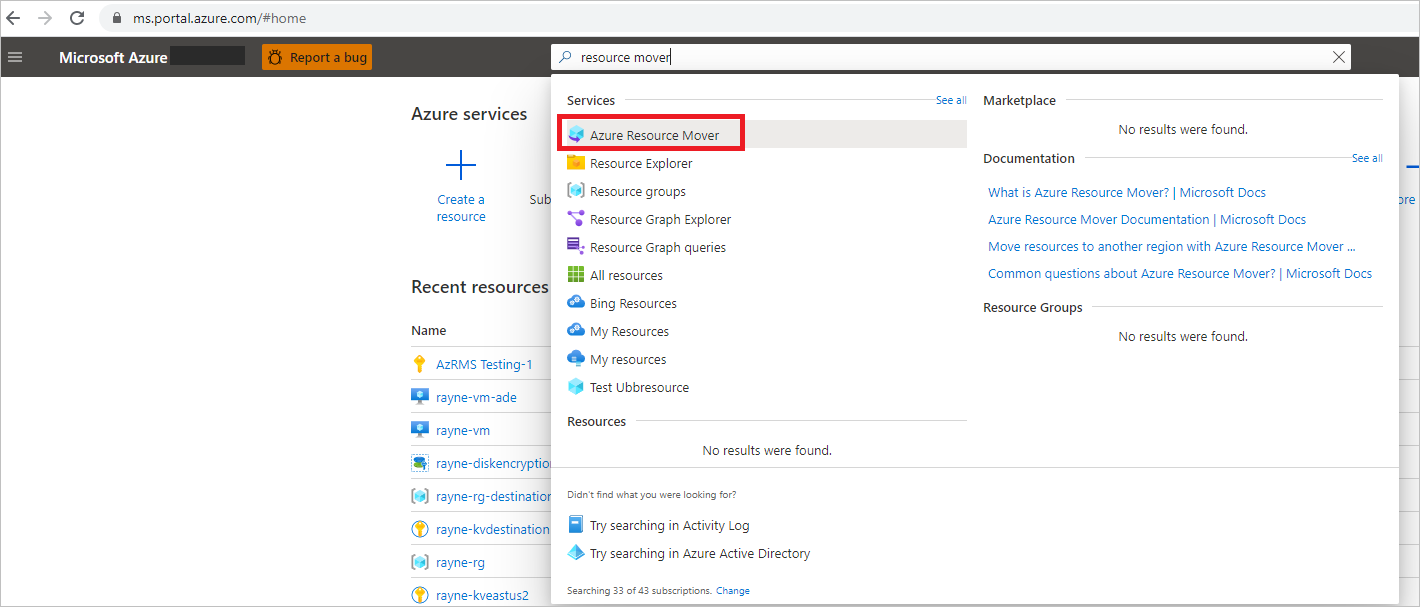Screenshot of search results for Azure Resource Mover in the Azure portal.