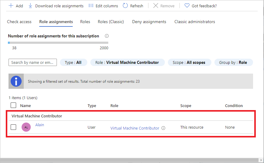 Virtual Machine Contributor role assignment