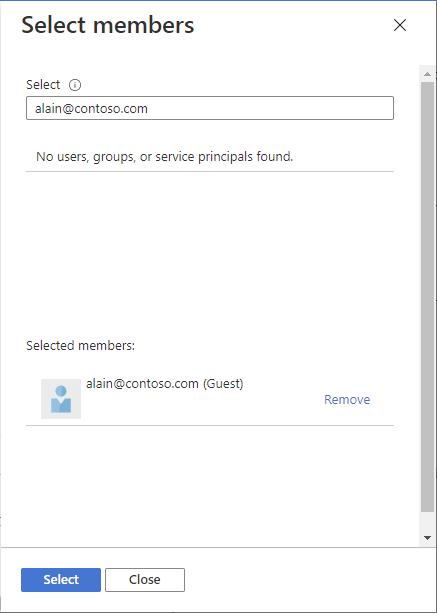 Screenshot of Invite guest user in Select members pane.