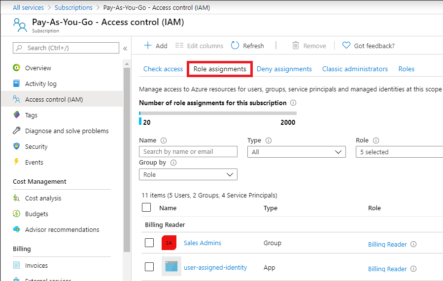 Access control (IAM) and Role assignments tab