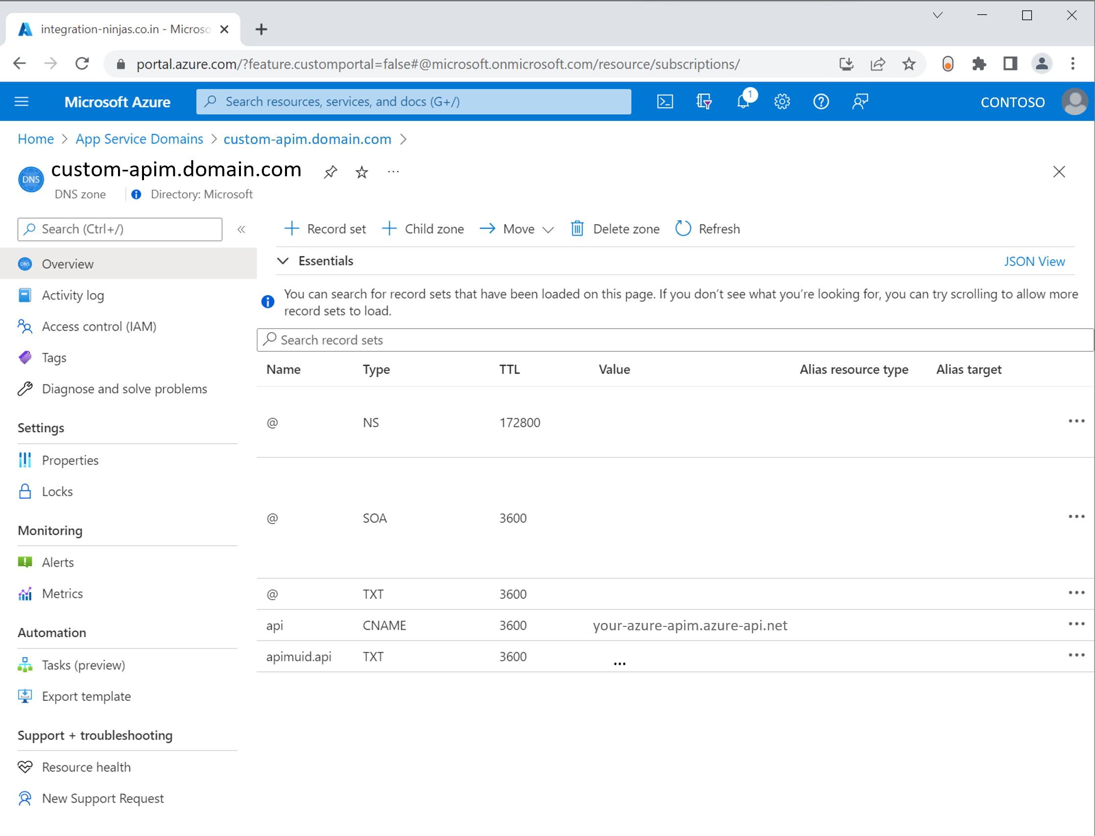 Screenshot that shows custom domain mapping to Azure API Management domain.