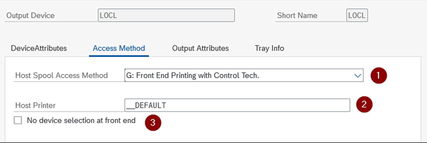 Example dialog in SAP transaction SPAD showing printer definition.