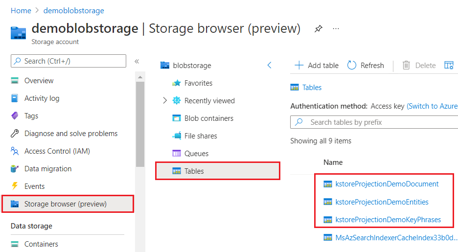 Projections expressed in Azure Storage