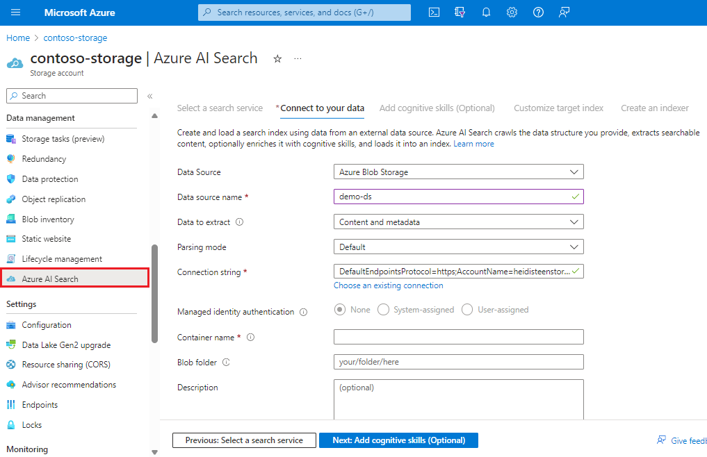 Screenshot of the Azure search wizard in the Azure Storage portal page.