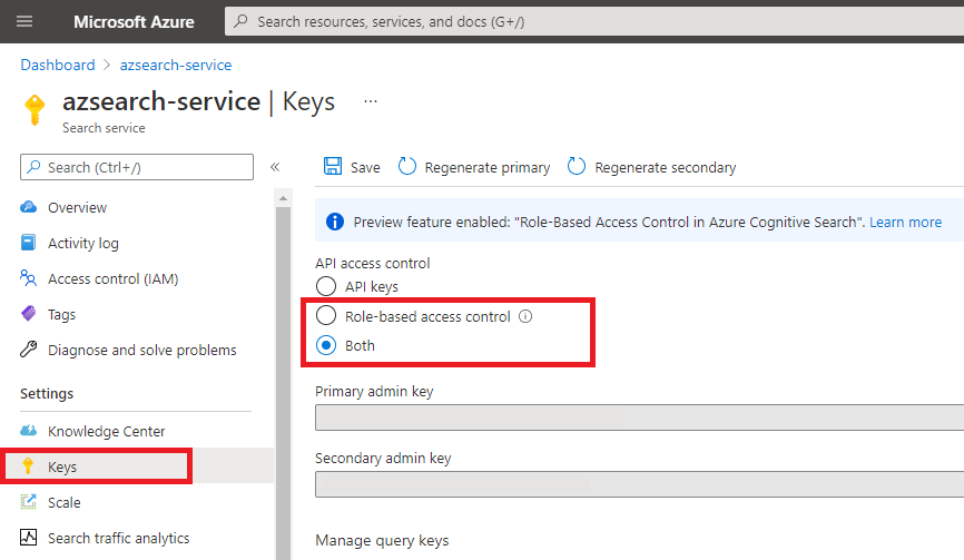 Screenshot of authentication options for azure cognitive search in the portal