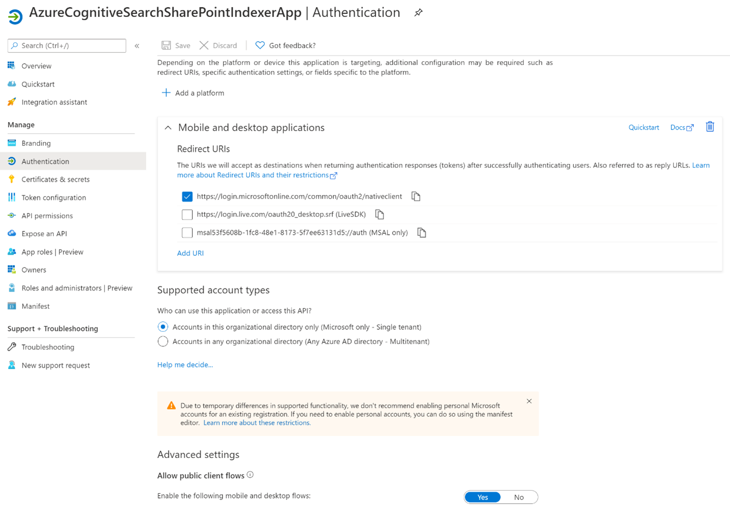 Screenshot showing Microsoft Entra app authentication configuration.