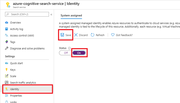 Screenshot showing how to enable system assigned managed identity.