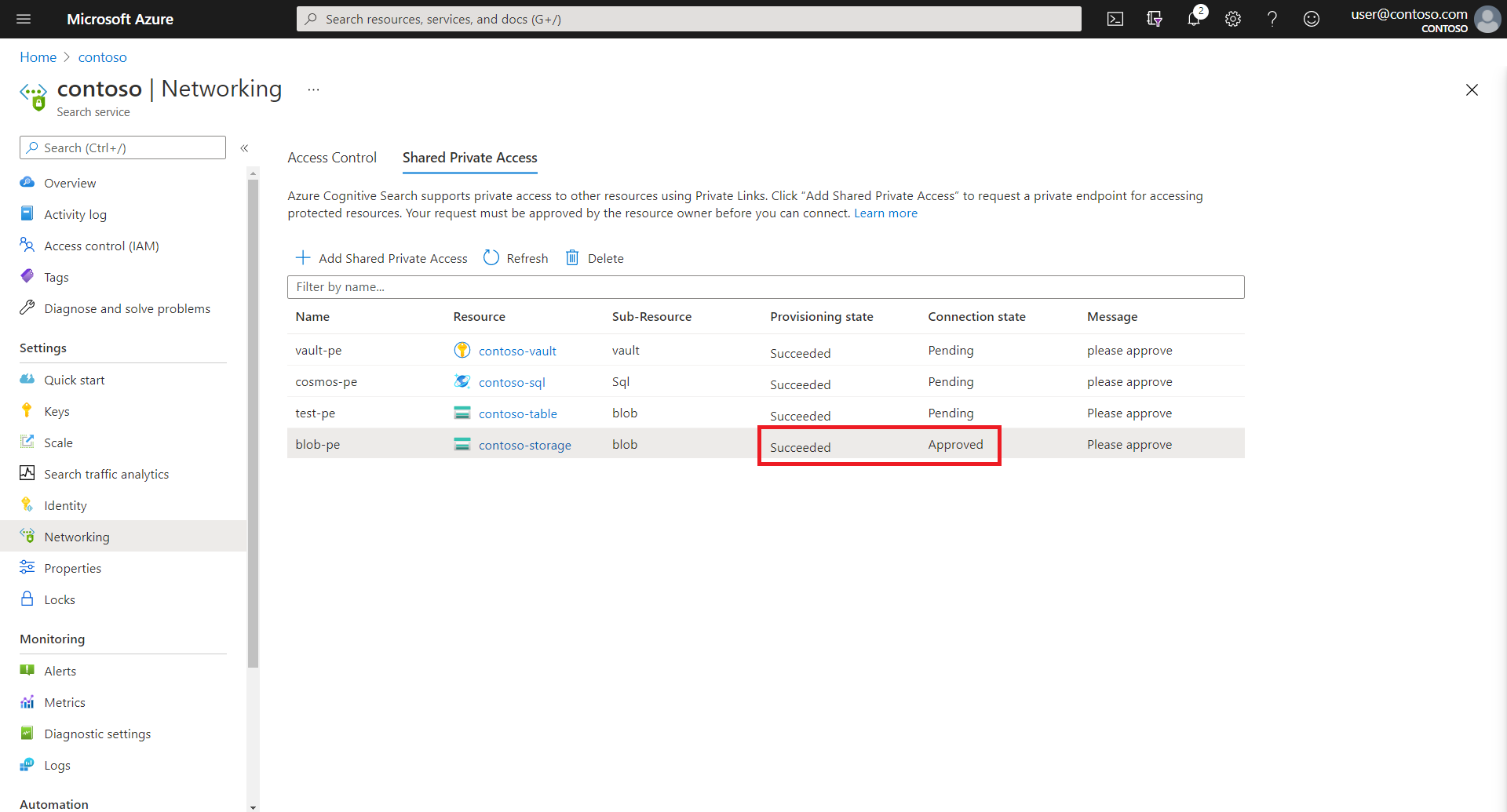 Screenshot of the Azure portal, showing an "Approved" shared private link resource.