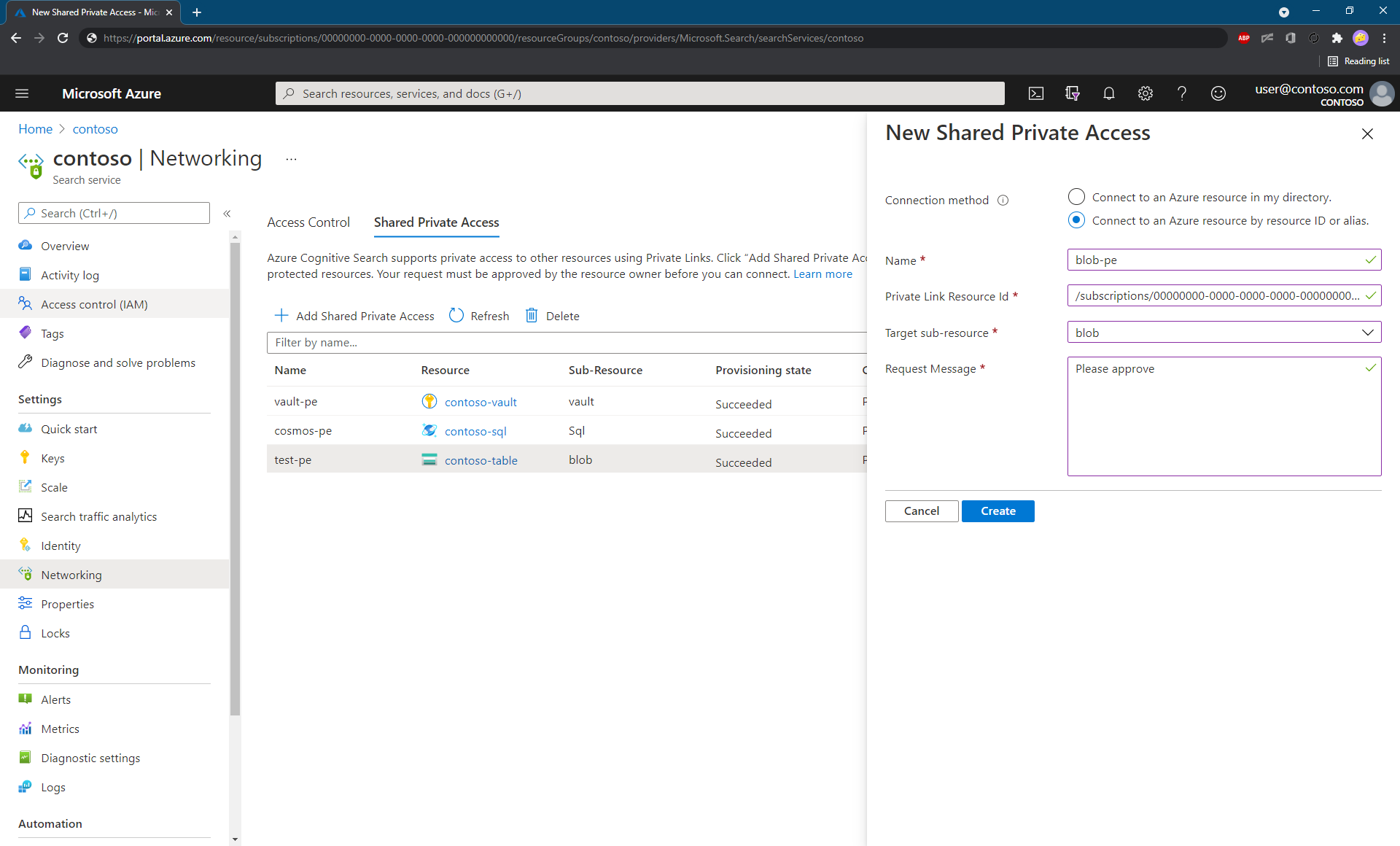 Screenshot of the "Add Shared Private Access" pane, showing the manual experience for creating a shared private link resource. 