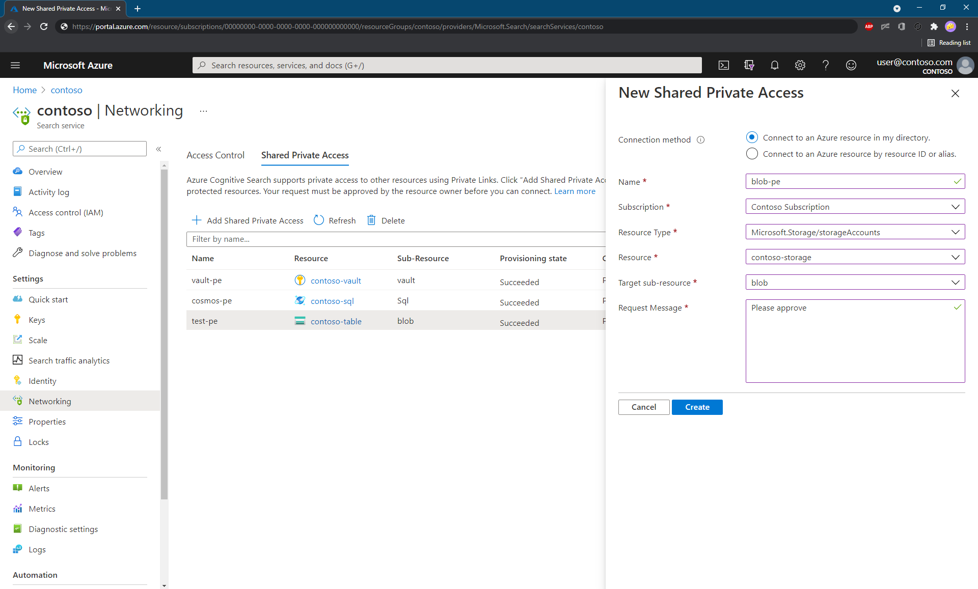 Screenshot of the "Add Shared Private Access" pane, showing a guided experience for creating a shared private link resource. 