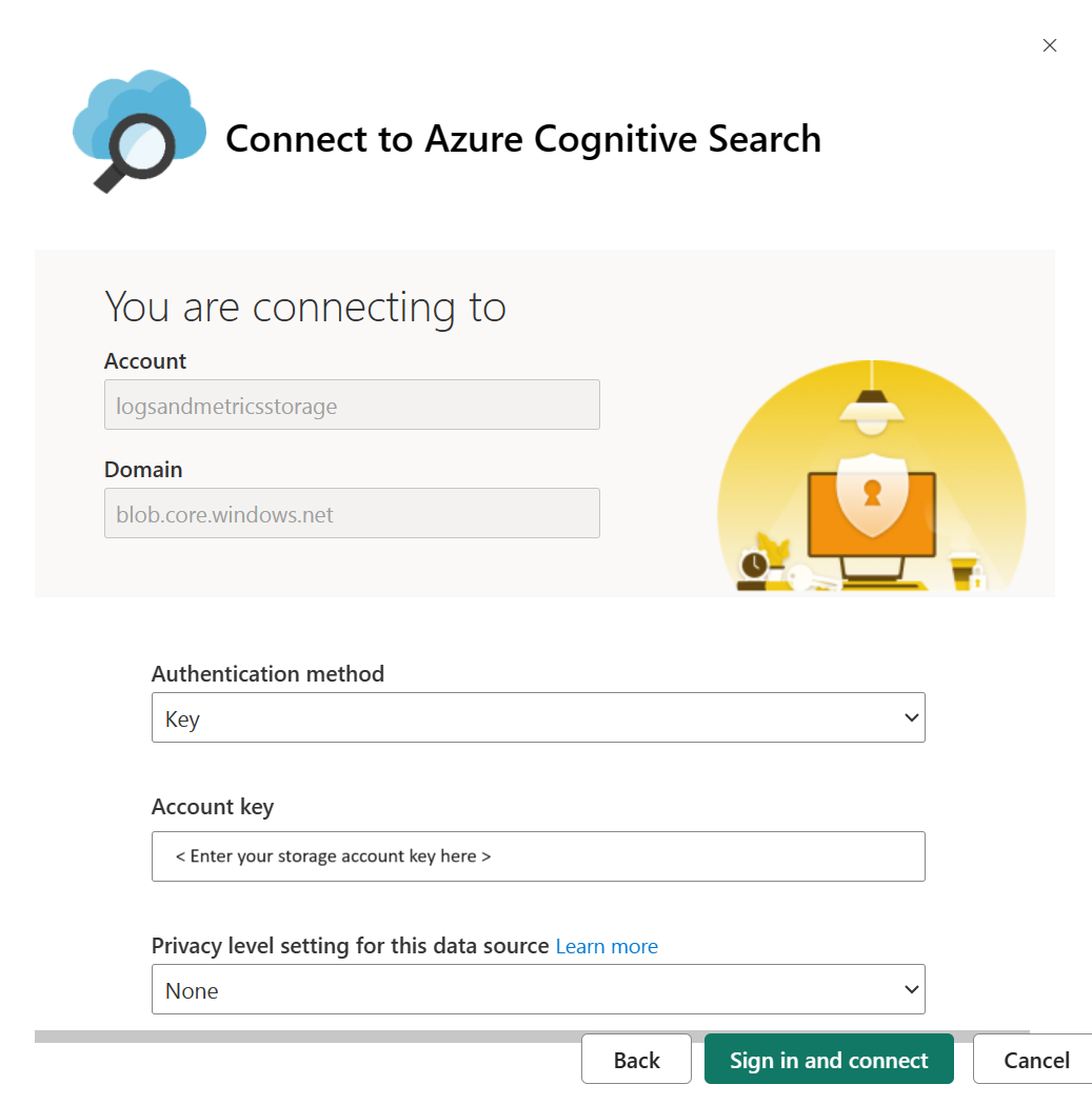 Screenshot showing how to input the authentication method, account key, and privacy level in the Connect to Azure Cognitive Search page.