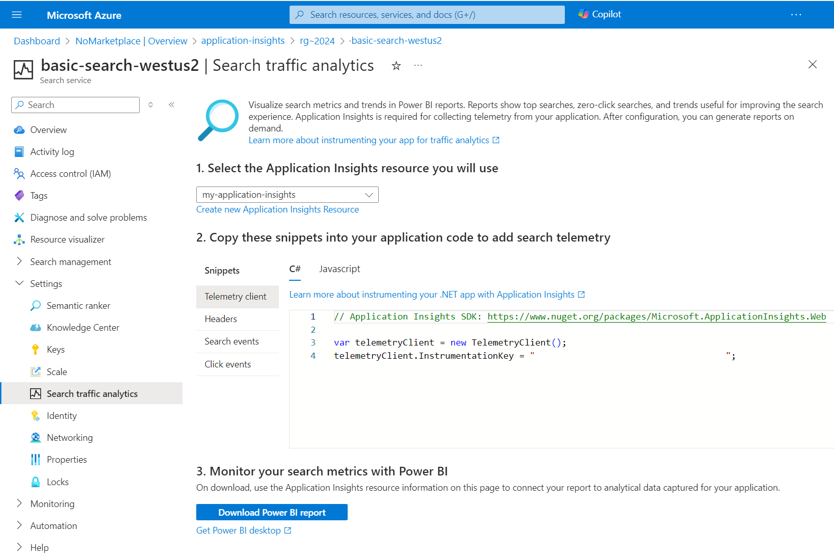 Screenshot of the portal command and page for setting up Application Insights.