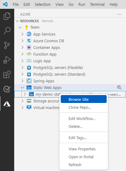 Screenshot of Visual Studio Code showing the Azure Static Web Apps explorer showing the **Browse site** option.