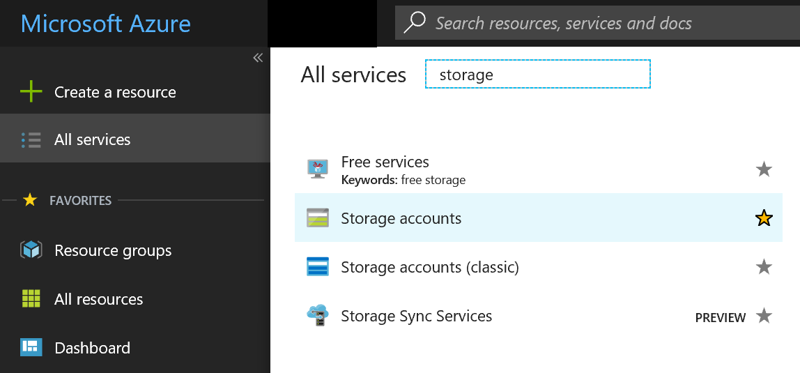 Screenshot that shows storage accounts in All services