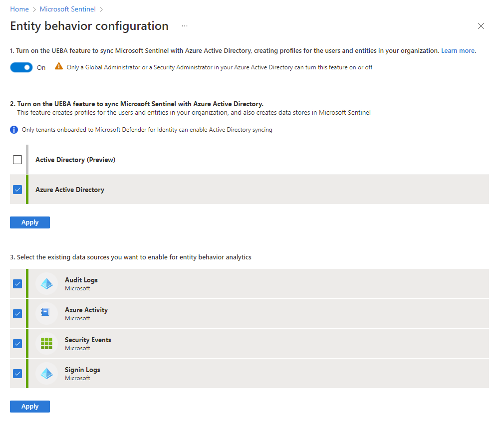Screenshot of UEBA configuration settings.