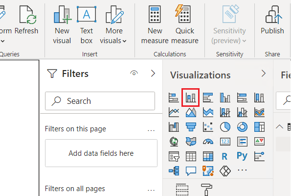 Screenshot showing the stacked column chart icon under Visualizations in Power BI Desktop.