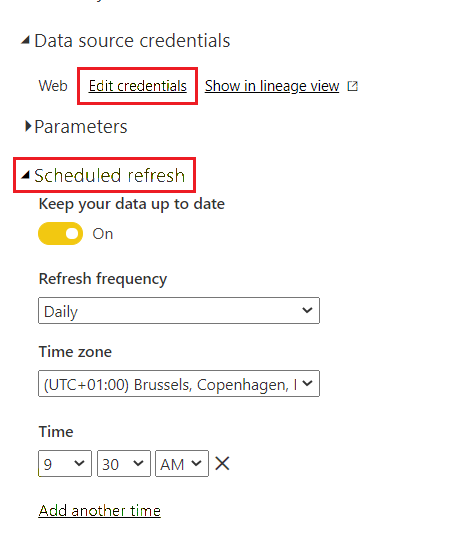 Screenshot showing Scheduled refresh settings for the Power BI report dataset.