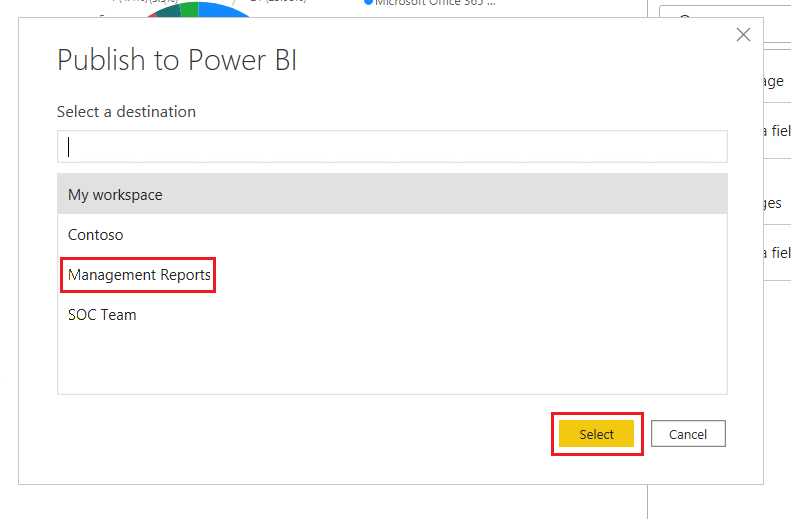 Screenshot that shows selecting the Power BI Management Reports workspace to publish to.