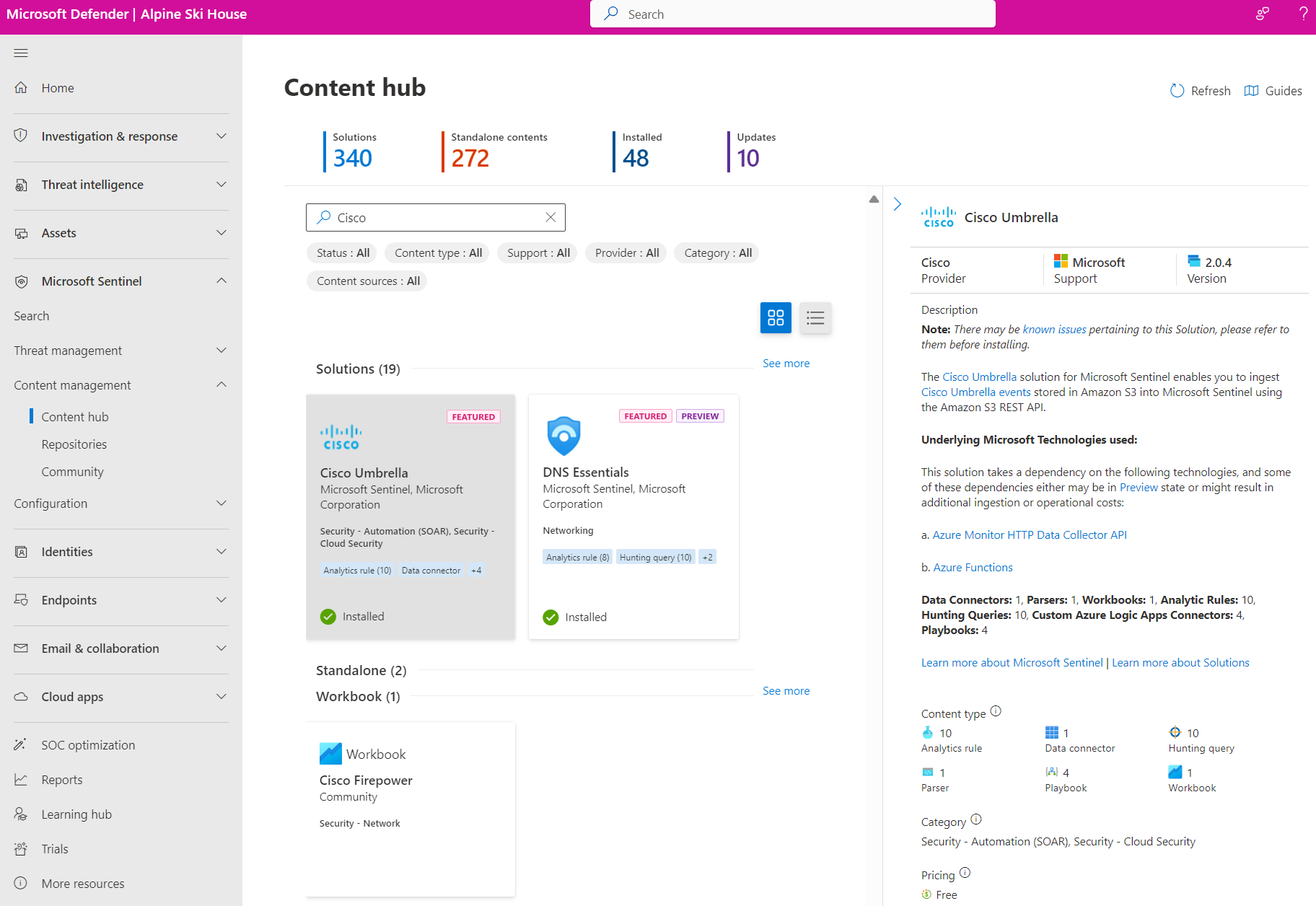 Screenshot of the Microsoft Sentinel content hub in the Defender portal.