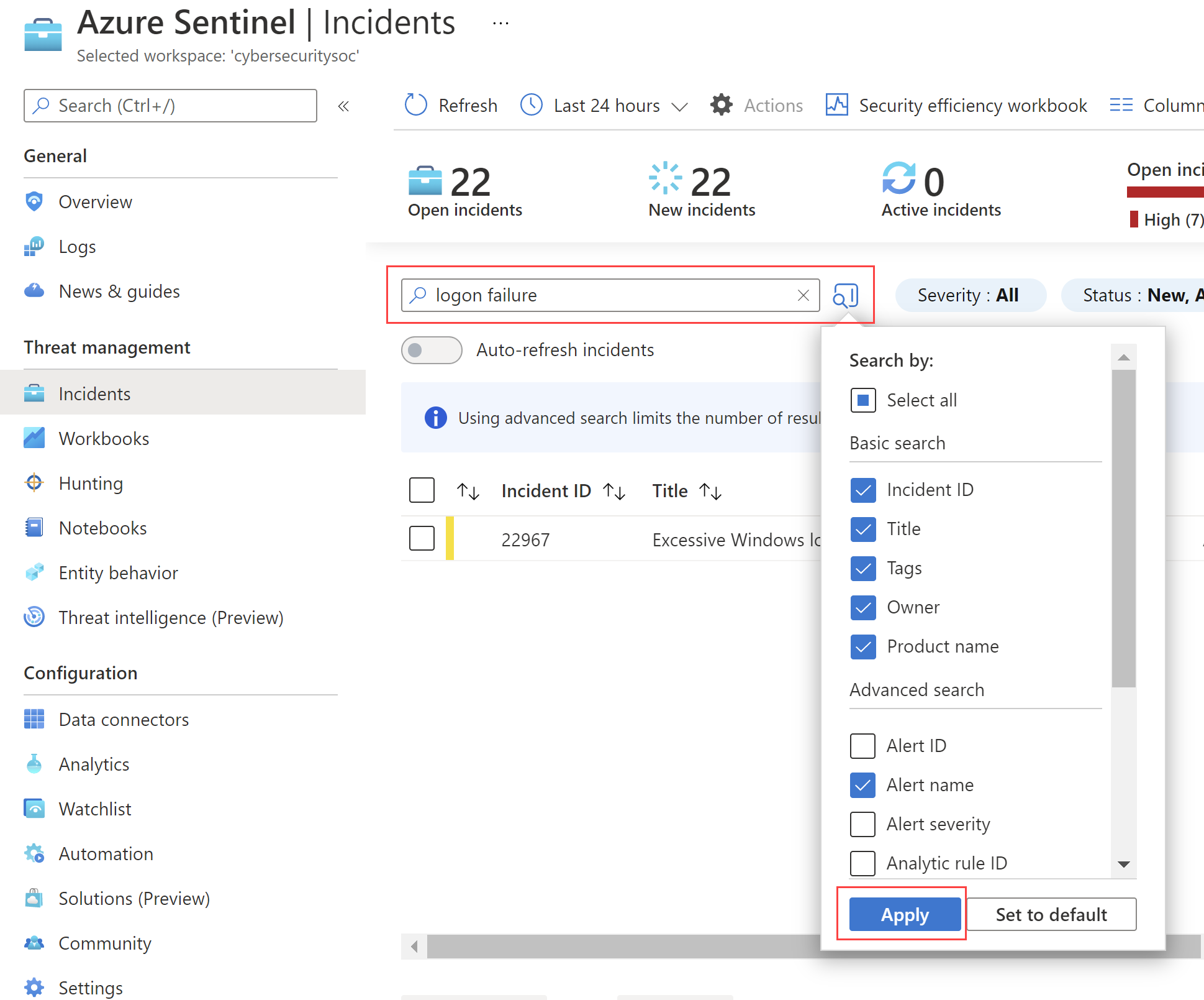 Screenshot of the incident search box and button to select basic and/or advanced search options.