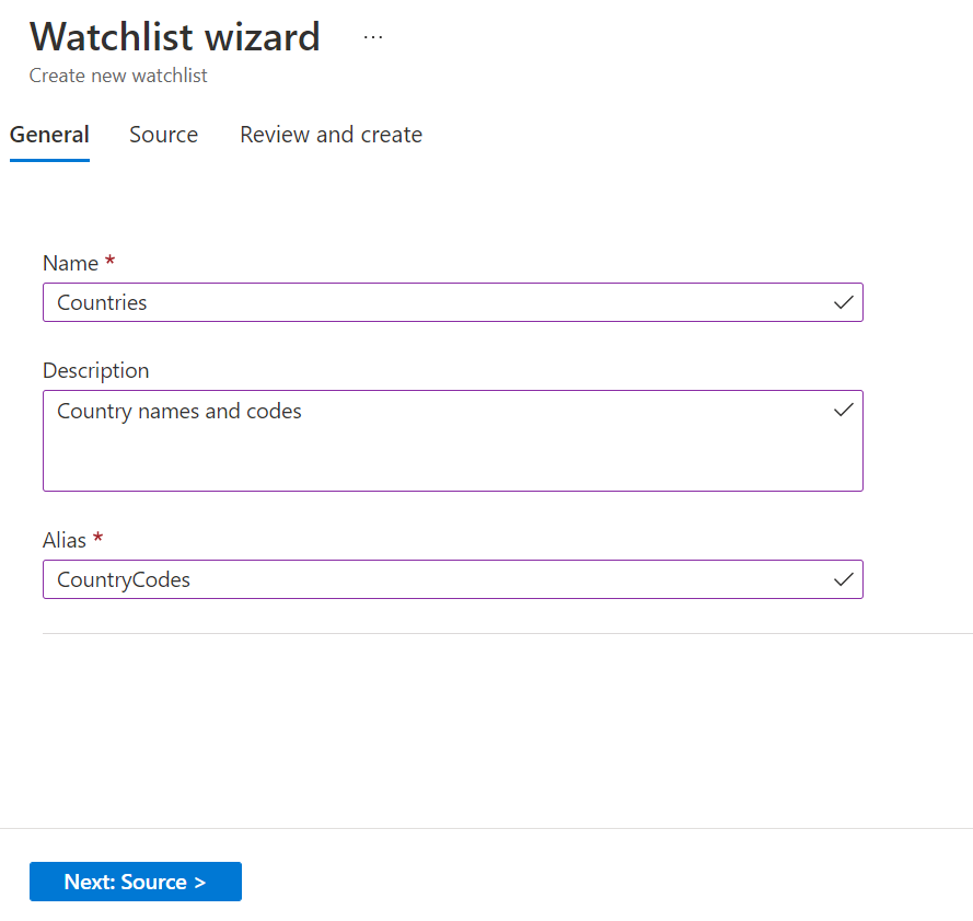 Screenshot of watchlist general tab in the watchlists wizard.