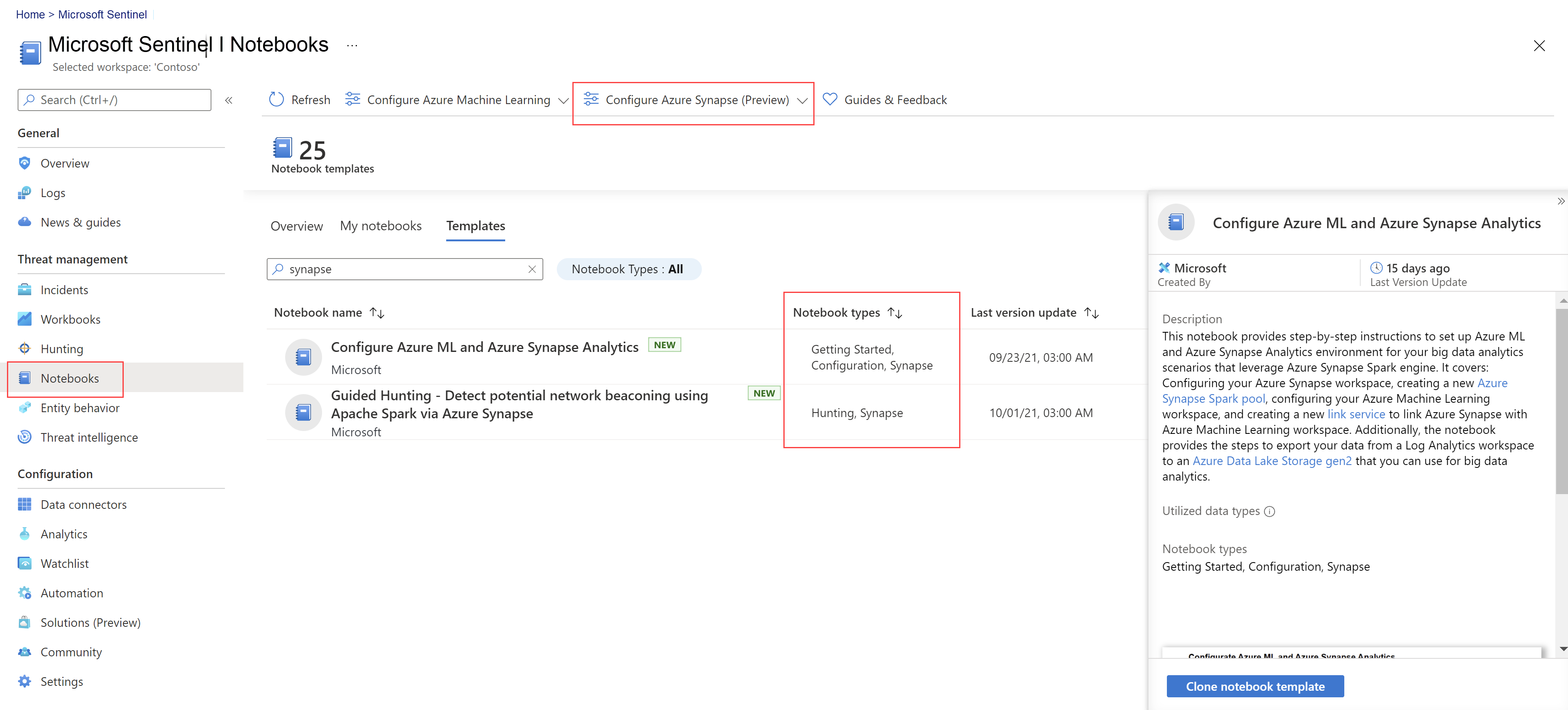 Screenshot of the new Azure Synapse functionality on the Notebooks page.
