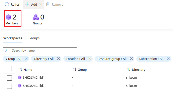 Screenshot shows the added workspaces and the Members count incremented to 2.