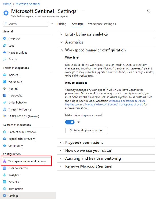 Screenshot shows the workspace manager configuration settings. The menu item added for workspace manager is highlighted and the toggle button on.