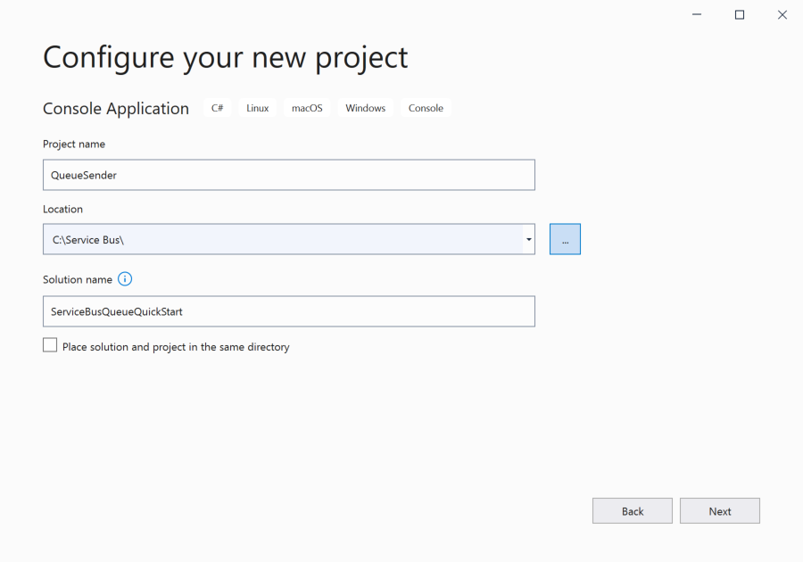 Image showing the solution and project names in the Configure your new project dialog box 