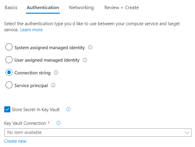 Screenshot of the Azure portal, showing basic authentication configuration to authenticate with a connection-string.