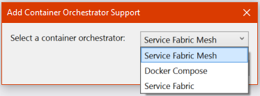 Visual Studio add container orchestrator dialog