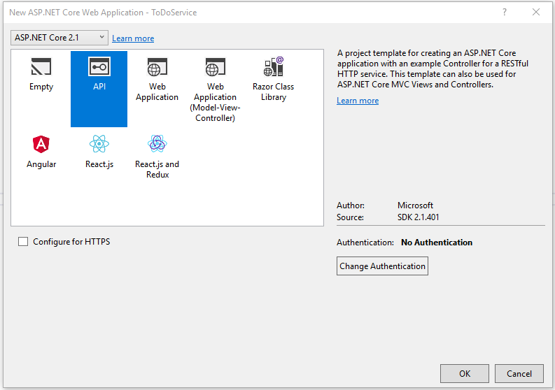 Visual studio new ASP.NET core application